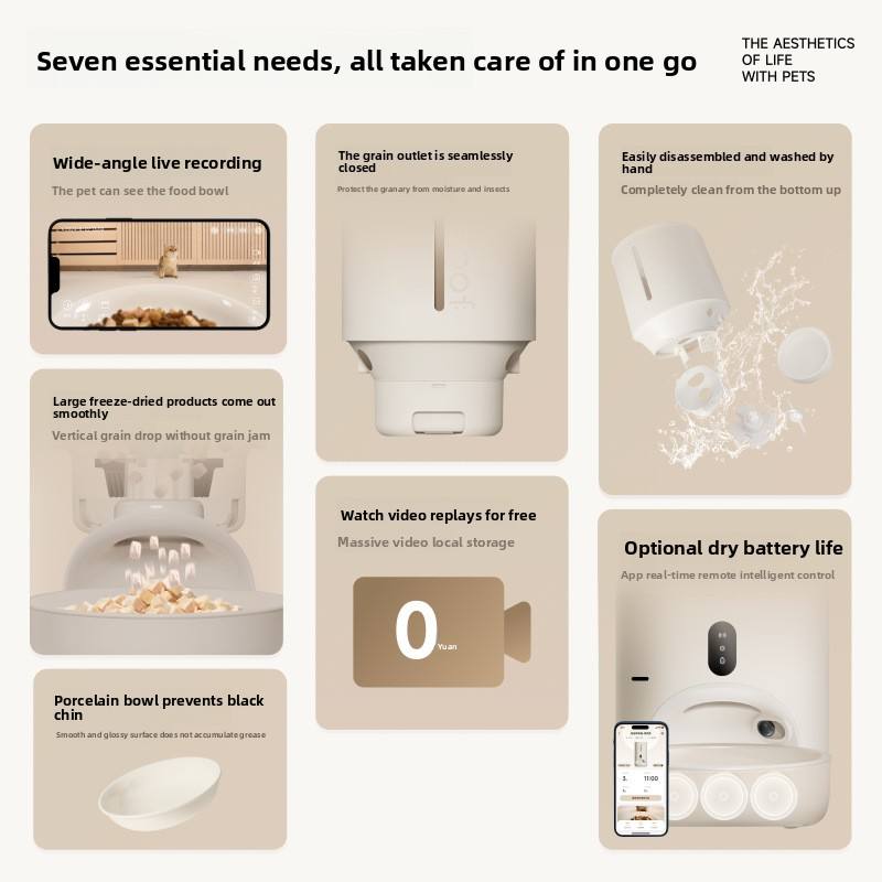 Smart Automatic Pet Feeder with Camera App Control Timed Portion Dispenser Cats/Dogs Egg-Roll Design Porcelain Bowl