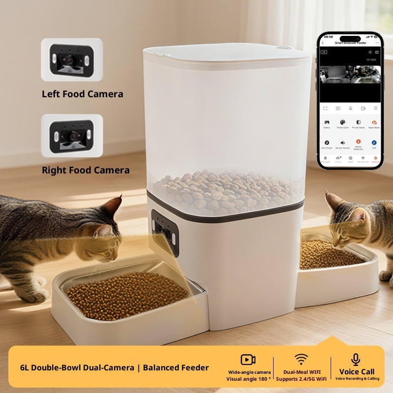 Cross-Border Best-Selling USB Powered Adjustable Pet Feeder Cat 6L Automatic Camera Smart Back-to-Back Feeding Machine