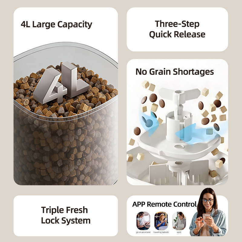 Cross-Border New Automatic Smart Feeder 4L Cat &amp; Dog Smart Remote-Controlled Timed Quantitative Non-Jamming Food Dispenser