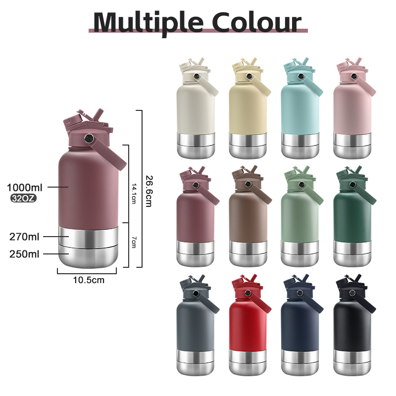 Custom Logo Portable Travel Pet Feeder Bowls 32oz Double Wall Insulated Stainless Steel Dog Water Bottle Eco-Friendly 2 1 Cats
