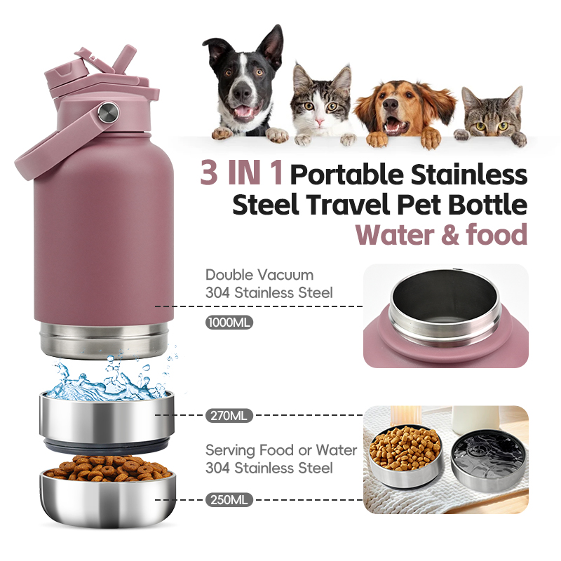 Custom Logo Portable Travel Pet Feeder Bowls 32oz Double Wall Insulated Stainless Steel Dog Water Bottle Eco-Friendly 2 1 Cats