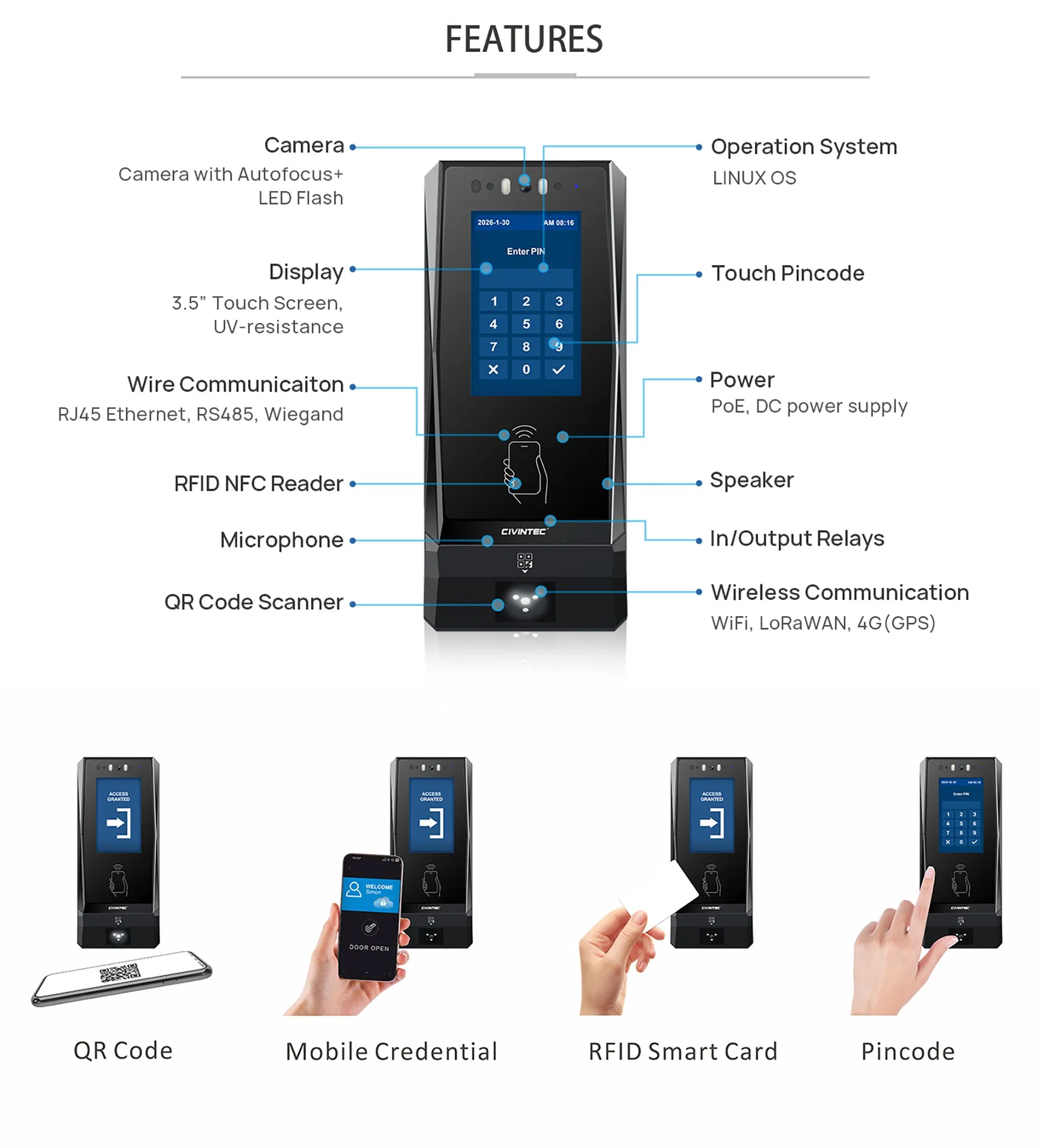 WiFi 4G LTE Cloud Remote Real-time Monitoring Facial Recognition Time Attendance System RFID NFC Employee TimeKeeping