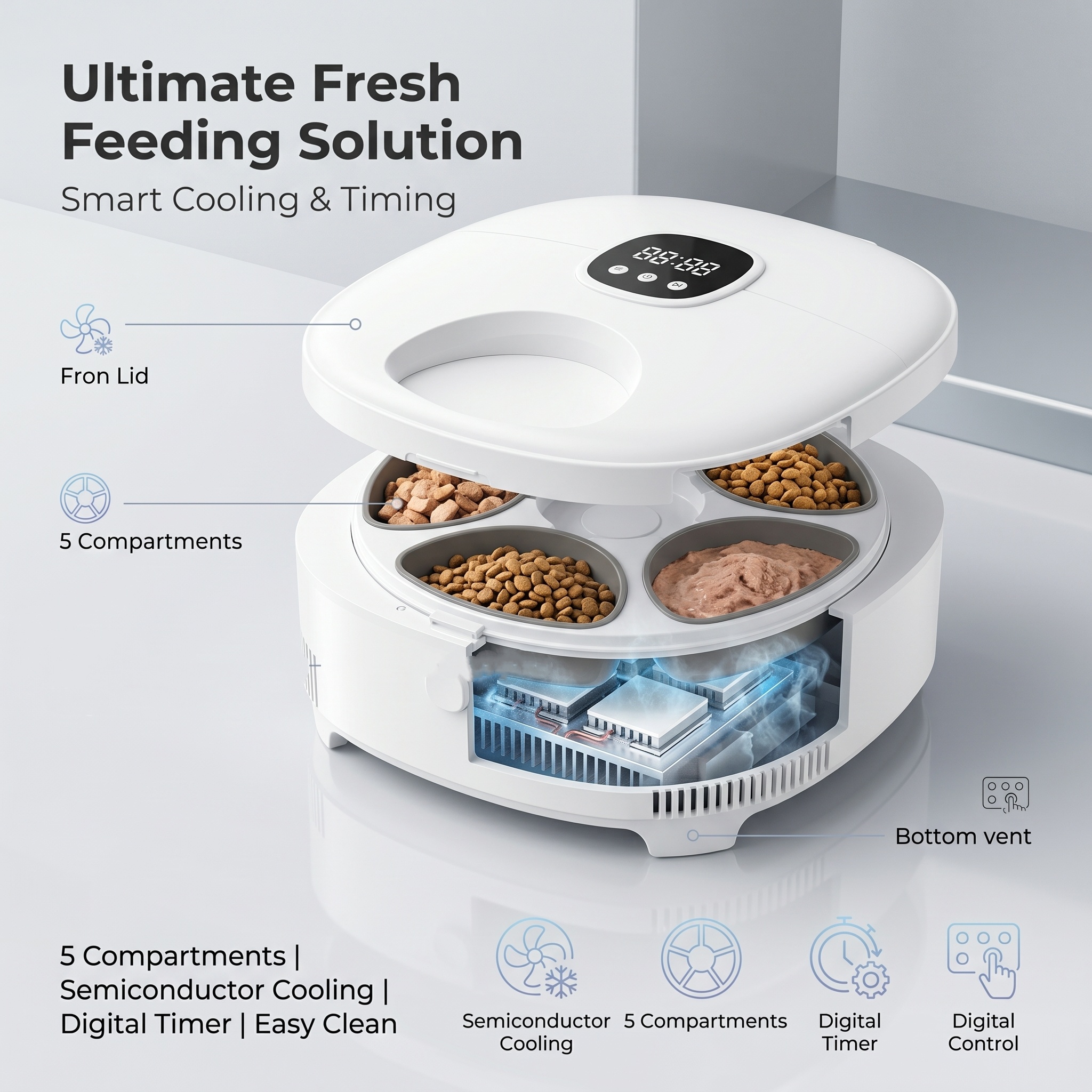 Automatic Pet Feeder for Wet Dry Food Semiconductor Constant Temperature Cooling 5 Compartments Digital Timer Easy Clean