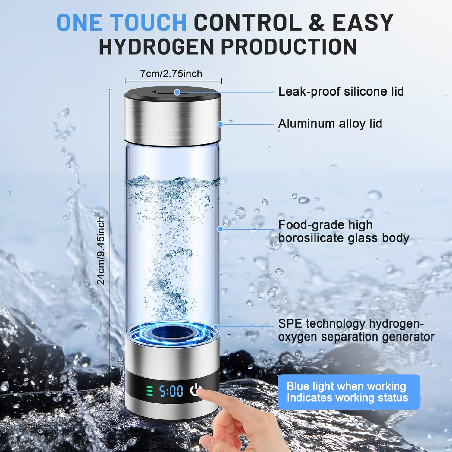 PHYFLOW OEM 460ml Glass Smart Display Screen Hydrogen Water Bottle Battery For Outdoor Car Use Stand Mount Drinking Inhalation