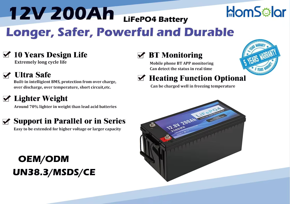 12V 200Ah LiFePO4 Battery Home Energy Storage Battery Backup Power Supply for Emergency Solar System