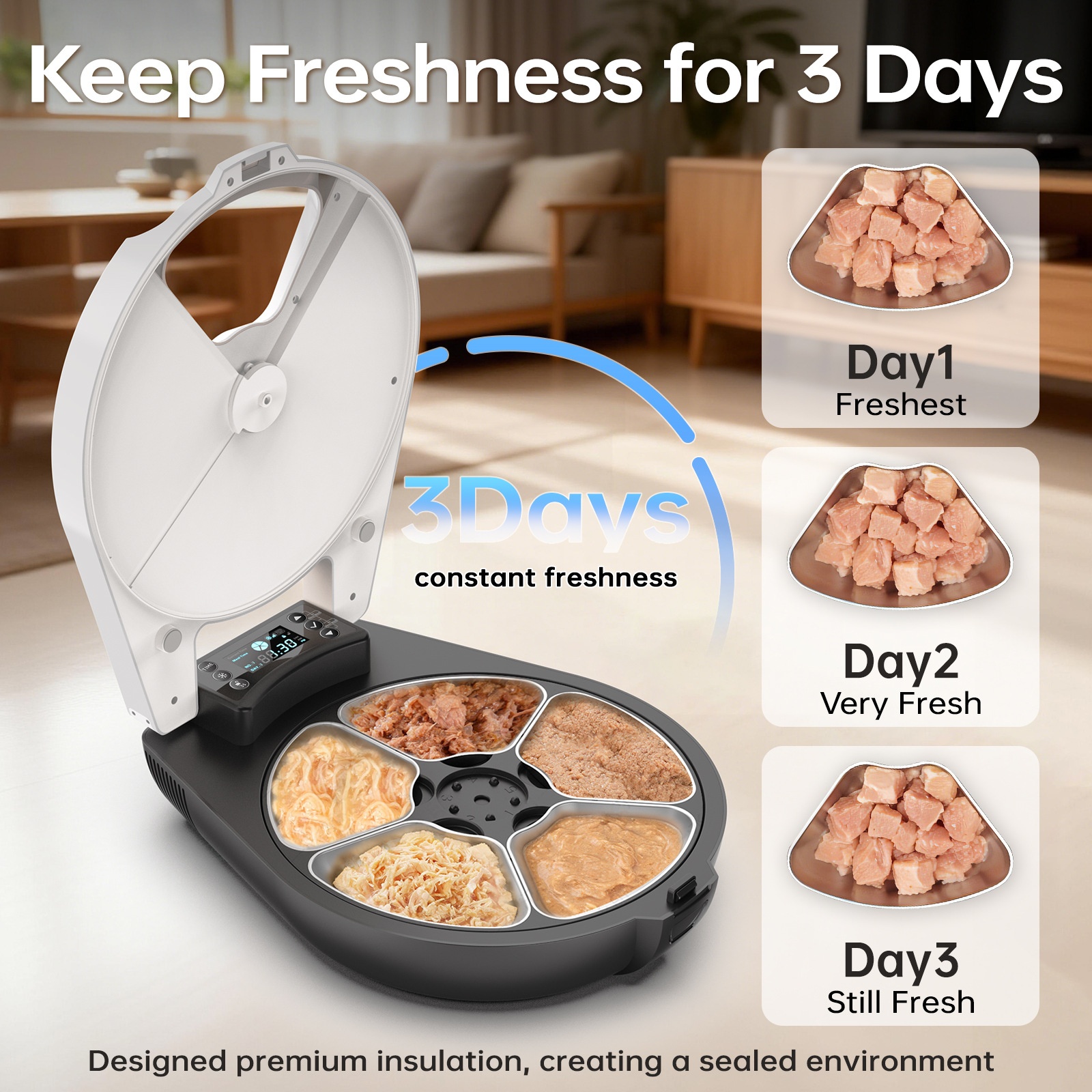 Smart Refrigerated Pet Wet Food Feeder Semiconductor Cooling &amp; Heating, 304 Stainless Steel Auto Fresh Dispenser