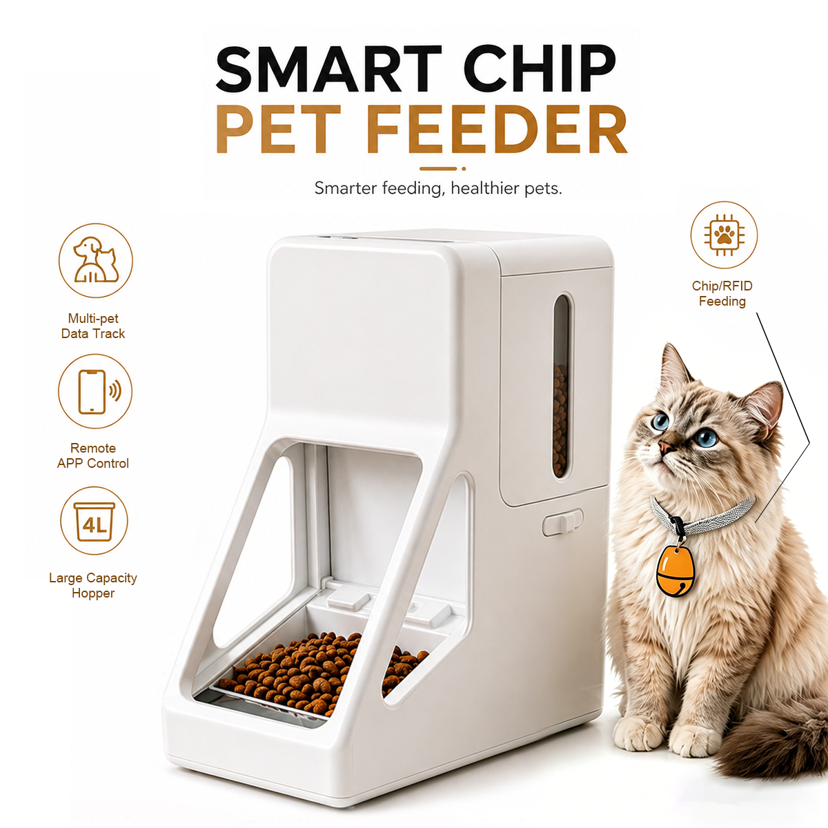 4L Smart RFID Chip Identification WiFi APP Control Automatic Pet Feeder for Multi Pet Families Dual Power Supply