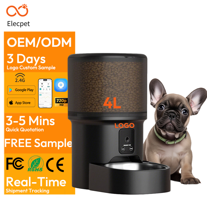 Elecpet 4L Black Automatic Cat Feeder With 720p Camera Video 2.4G WiFi Kitten Food Dispenser Smart Voice Recorder APP Control