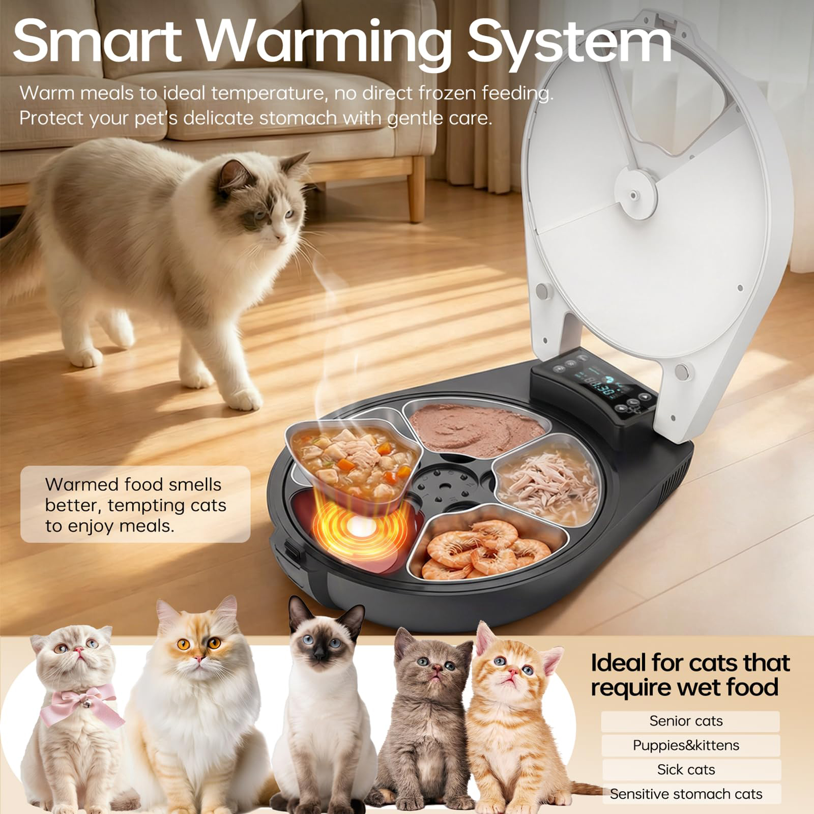 Automatic Wet Food Cat Feeder Refrigerated Auto Feeder Semiconductor Cooling Heating 304 Stainless Steel Bowl White Indoor Use