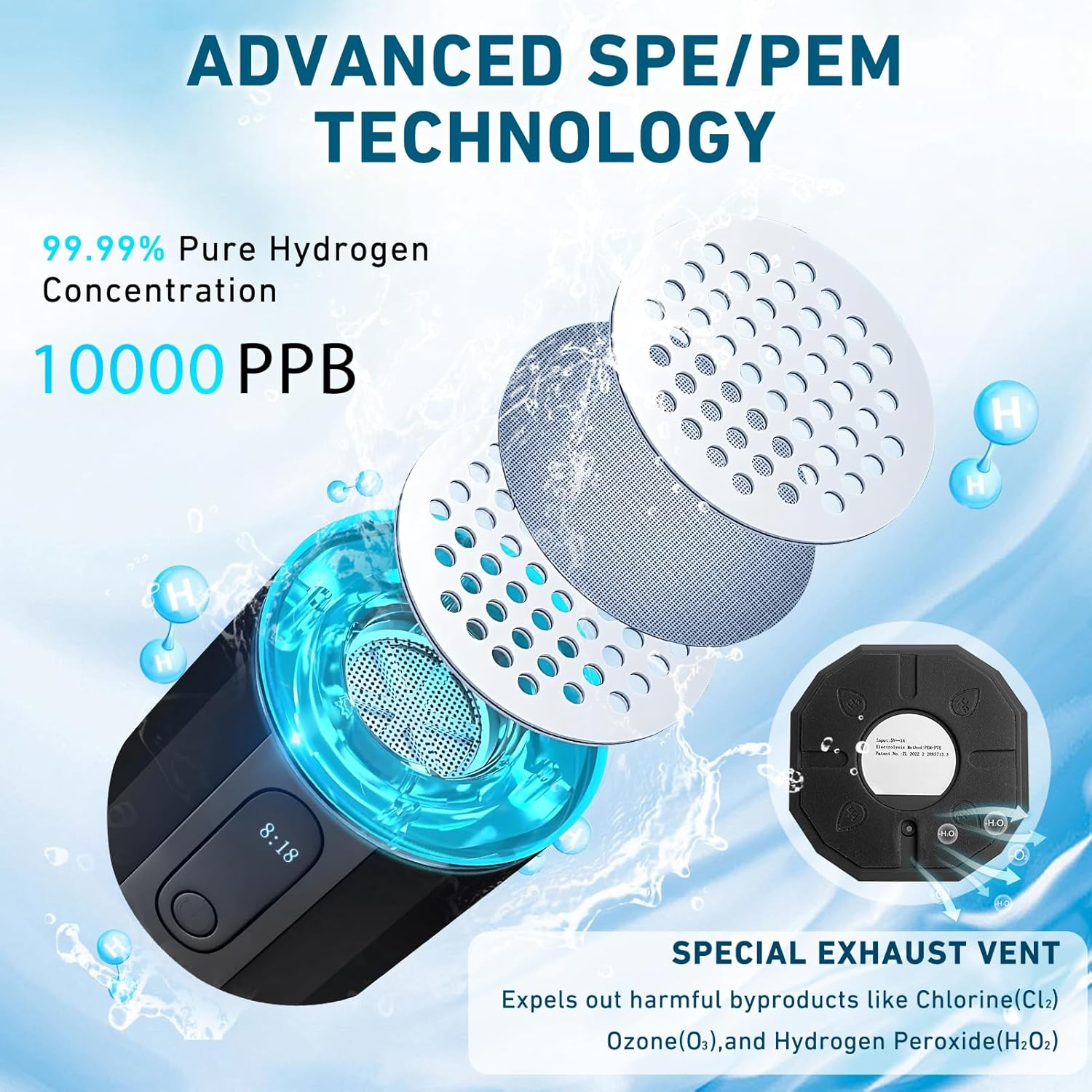 PHYFLOW Hydrogen-rich Water Bottle/Cup 208ML 5000-10000 Ppb USB Powered LED Display Smart Touch for Household &amp; Car Use