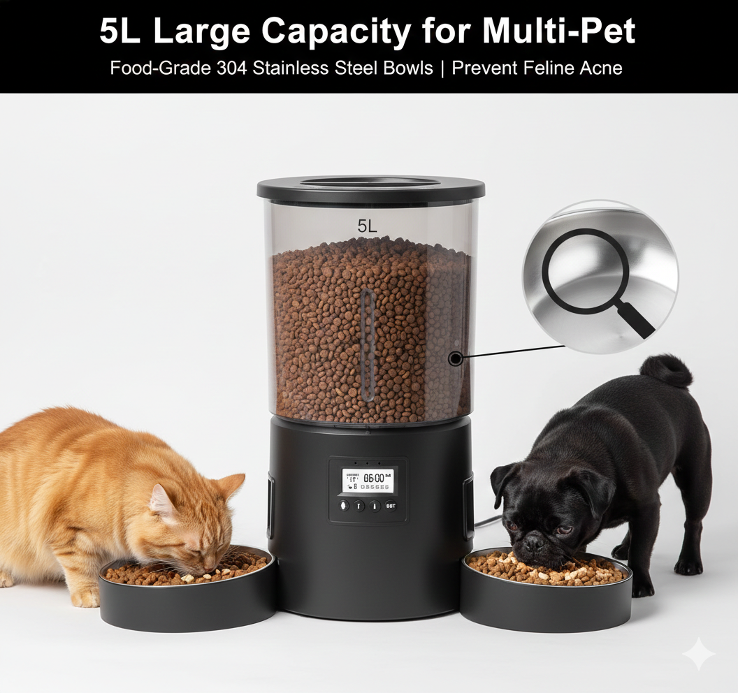 Automatic Smart Pet Food Dispenser Dual Power Cat Feeder Bowls 10s Voice Record Flexible Schedule Timer for Dogs and Cats