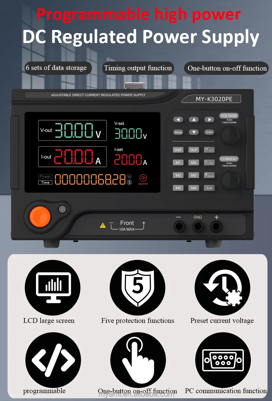 MYAMi MY-K3020PE 30V 20A 600W Digital Adjustable Lab Bench DC Power Supply With OCP OVP Short Circuit Protector Six Data Stores