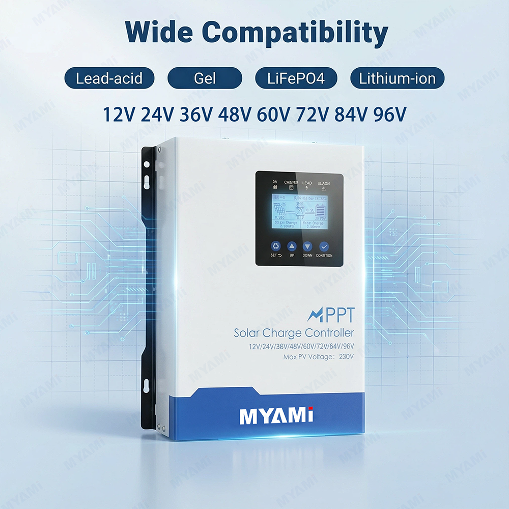 MYAMi High Quality Solar Panel Regulator 12v-96v MPPT Solar Charge Controller 60A 120A MAX 230V PV Input LCD Display for LifePo4