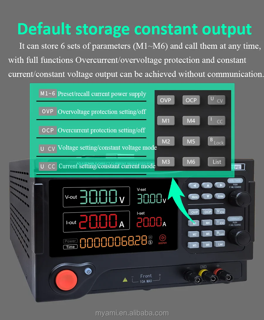 MYAMi MY-K3020PE 30V 20A 600W Digital Adjustable Lab Bench DC Power Supply With OCP OVP Short Circuit Protector Six Data Stores