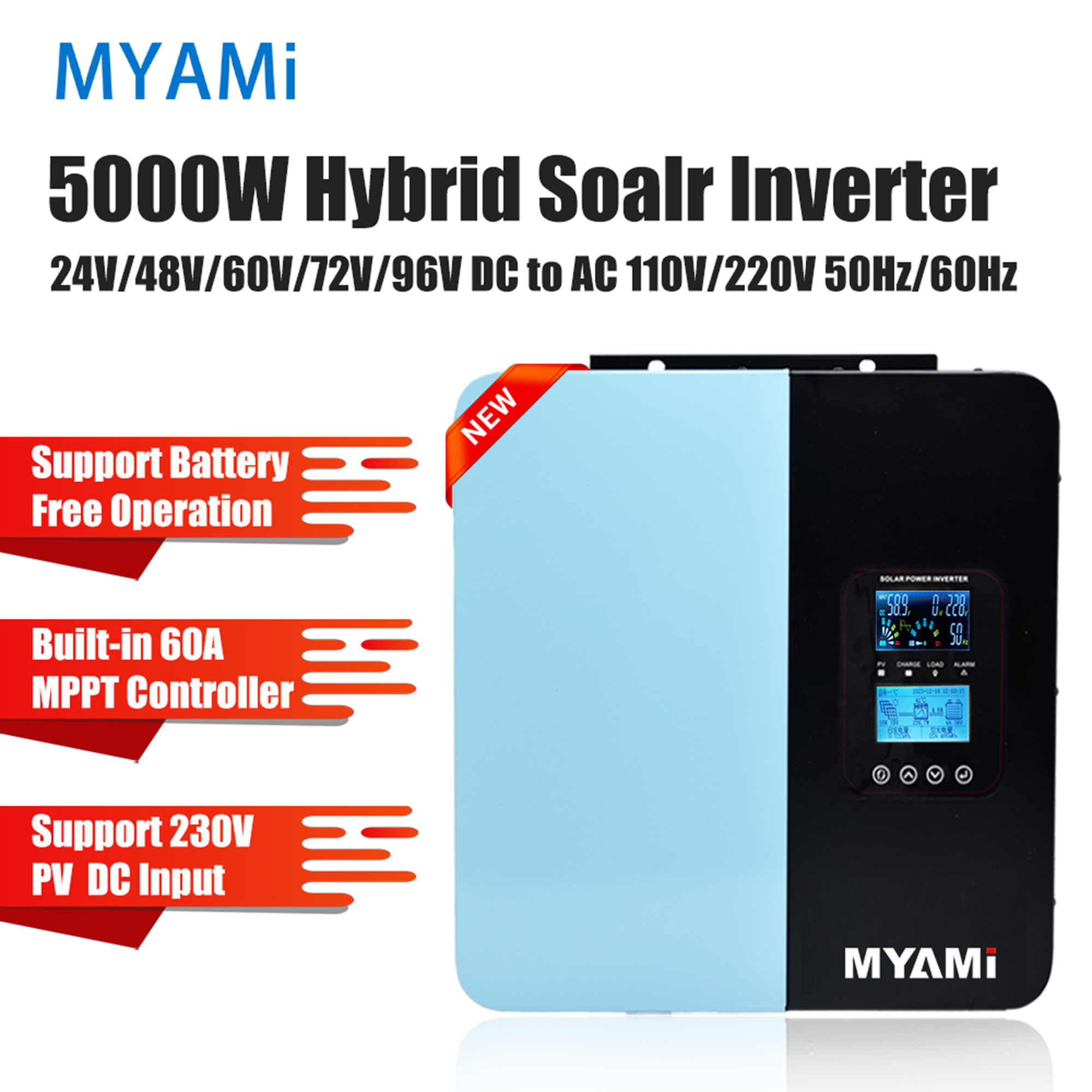 MYAMI 5000W 3000W Pure Sine Wave Hybrid Solar Inverter 24V 48V 60V 72V 96V DC to AC 220V Single Phase Inverter with 60A MPPT