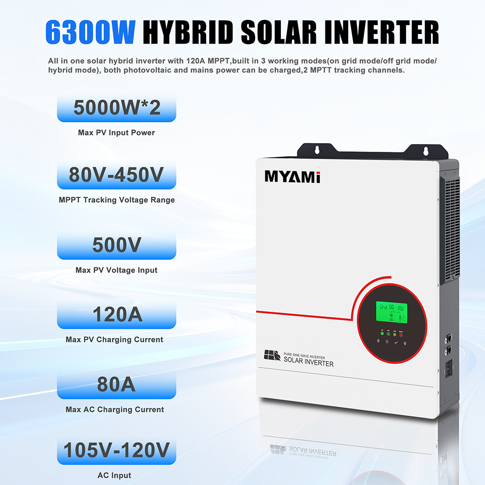 MYAMI 6.3kW High Frequency On/Off-Grid MY-ES6300US 120A MPPT 48V Hybrid Solar Inverter with Lithium Battery for Solar Systems