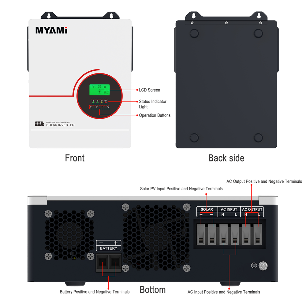 MYAMI 3.3KW 3000W Hybrid Solar Inverter Pure Sine Wave with 120A MPPT Support AC Charge 24V DC to AC 110V for Home/RV/Farm
