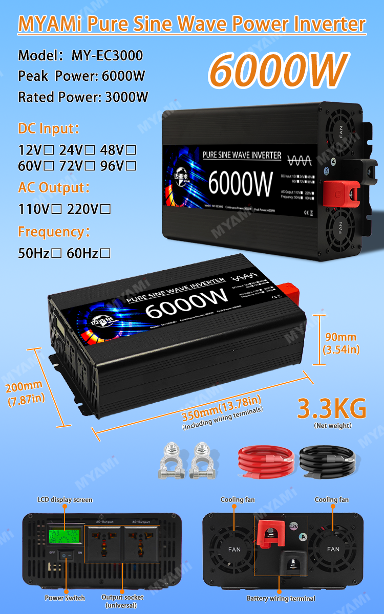 MYAMi 5000W 6000W 8000W 10000W 12V 24V to 220V Pure Sine Wave Power Inverter High Frequency Car Inventor Home Camping Using