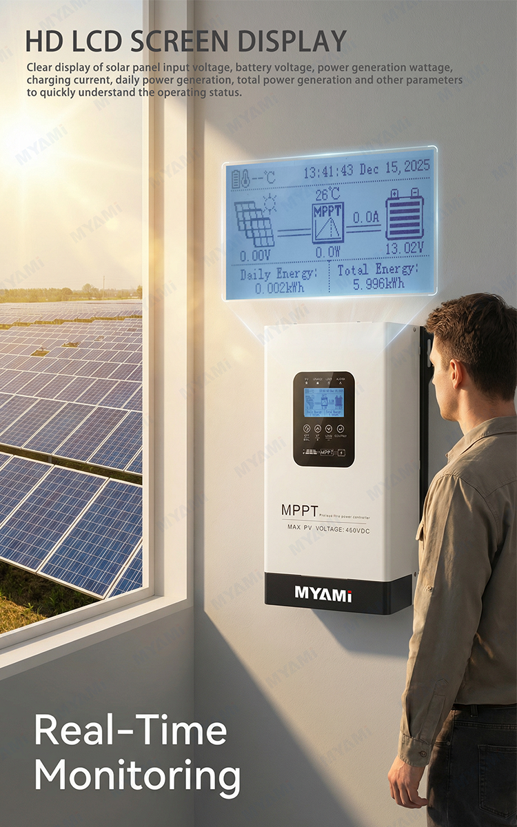 MYAMi 200amp 24V-192V Solar Panel Battery Regulator LCD 450VDC High Voltage Smart MPPT Solar Charge Controller