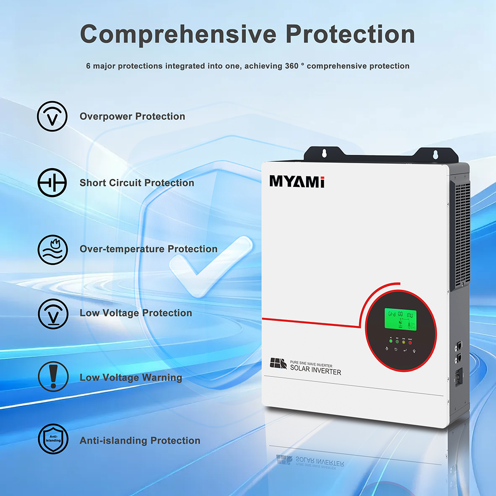 MYAMi High Frequency Hybrid Solar Inverter with Dual MPPT Tracking Channels,LCD Display,On/Off-Grid,Single Phase,48VDC to AC110V