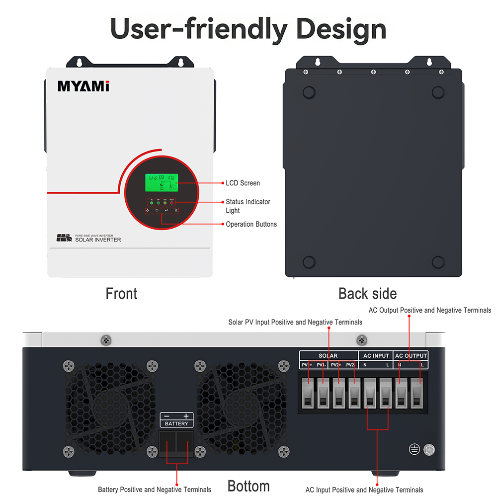MYAMi High Frequency Hybrid Solar Inverter with Dual MPPT Tracking Channels,LCD Display,On/Off-Grid,Single Phase,48VDC to AC110V
