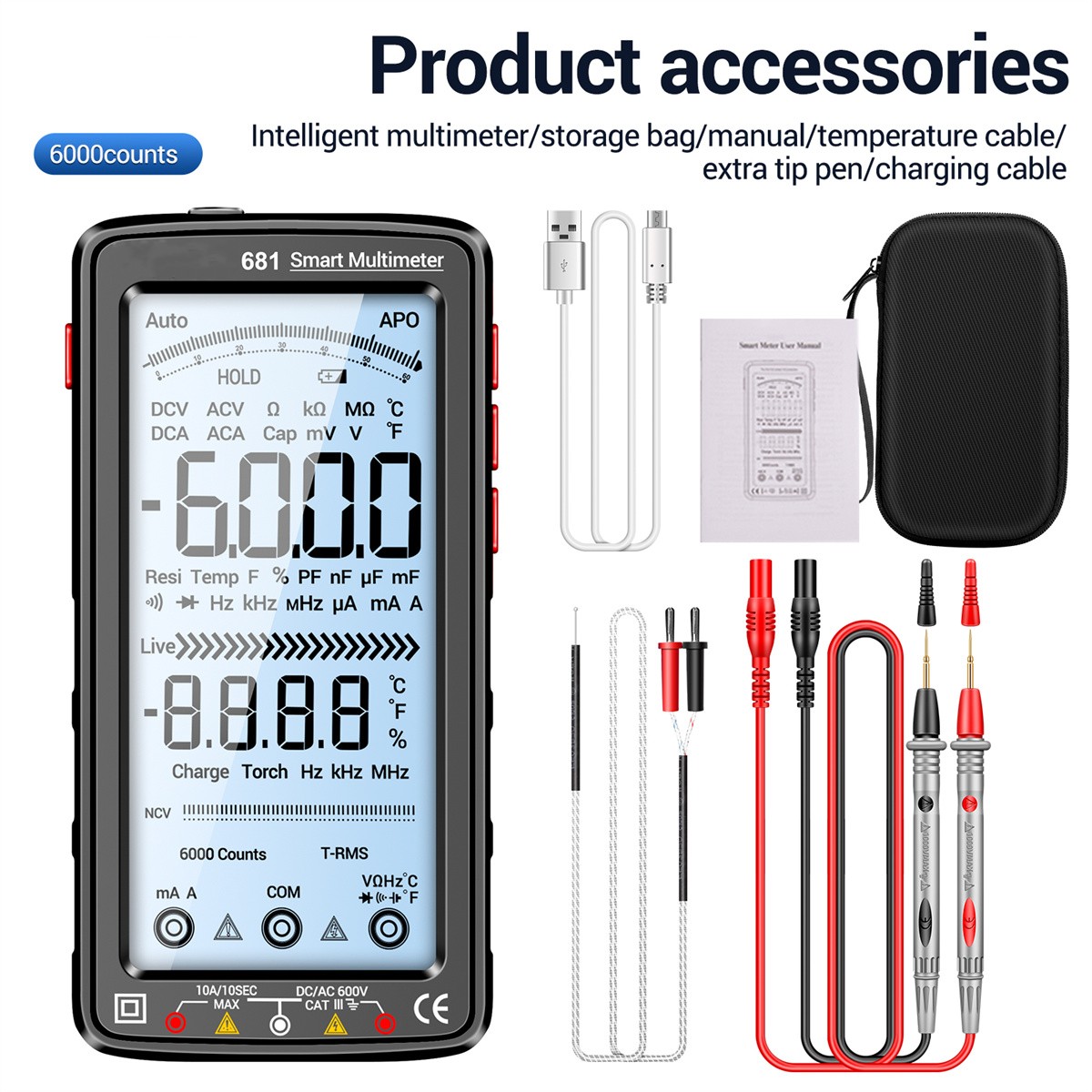 Count Value 6000 Smart Multimeter Anti-burn Multimeter True RMS Multimeter Voltage Tester Hz Ohm Diode Meter with LCD Screen