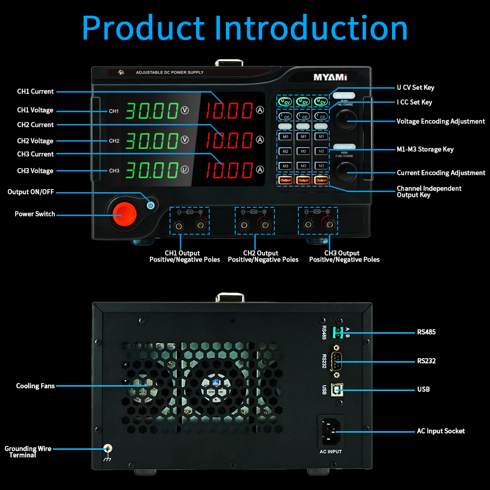MYAMI 15V 30V 3A 5A Multi Dual Output AC to DC Adjustable Bench Programmable Lab Power Supply for Laboratory/Testing/Industry