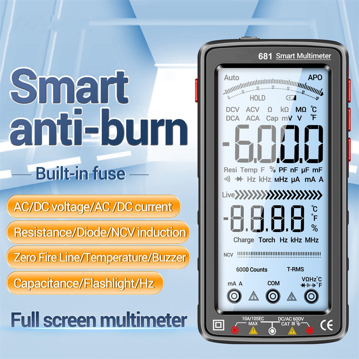 Count Value 6000 Smart Multimeter Anti-burn Multimeter True RMS Multimeter Voltage Tester Hz Ohm Diode Meter with LCD Screen