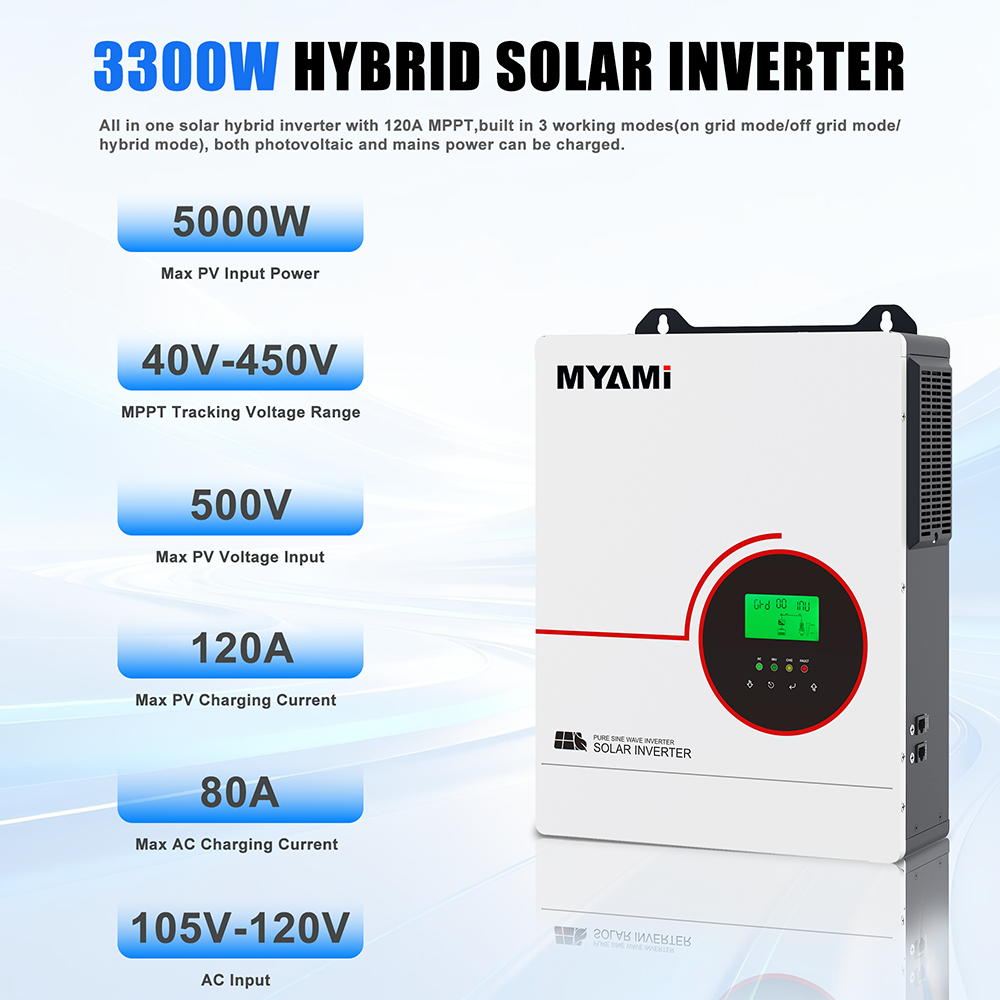 MYAMi High Quality Hybrid Solar Inverter 3KW 3.3KW 24VDC to AC with  MPPT 120A Pure Sine Wave On/off Grid Hybrid Solar Inverter