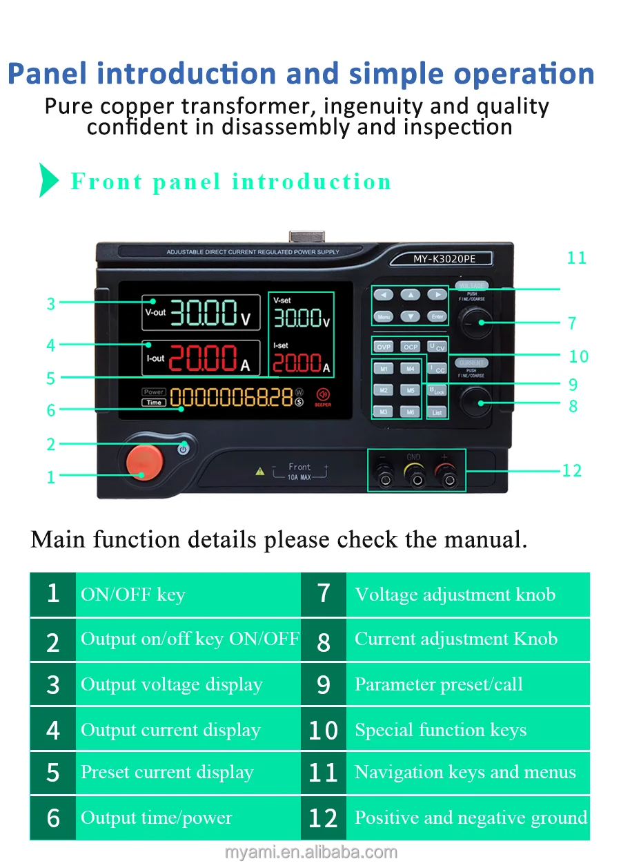 MYAMi MY-K3020PE 30V 20A 600W Digital Adjustable Lab Bench DC Power Supply With OCP OVP Short Circuit Protector Six Data Stores