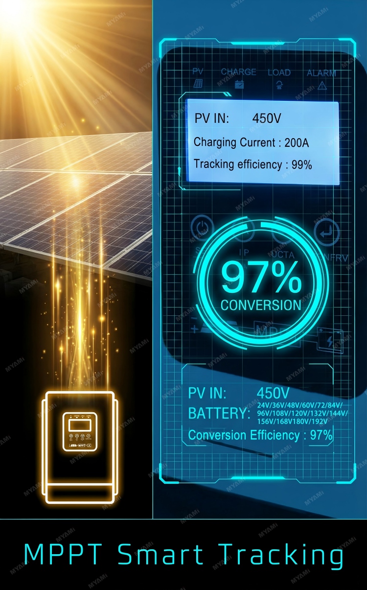 MYAMi 450V MPPT Solar Charge Controller 200 Amp 24V-192V LCD RS485 for Stable Charging Suitable for Solar Powered RV Systems