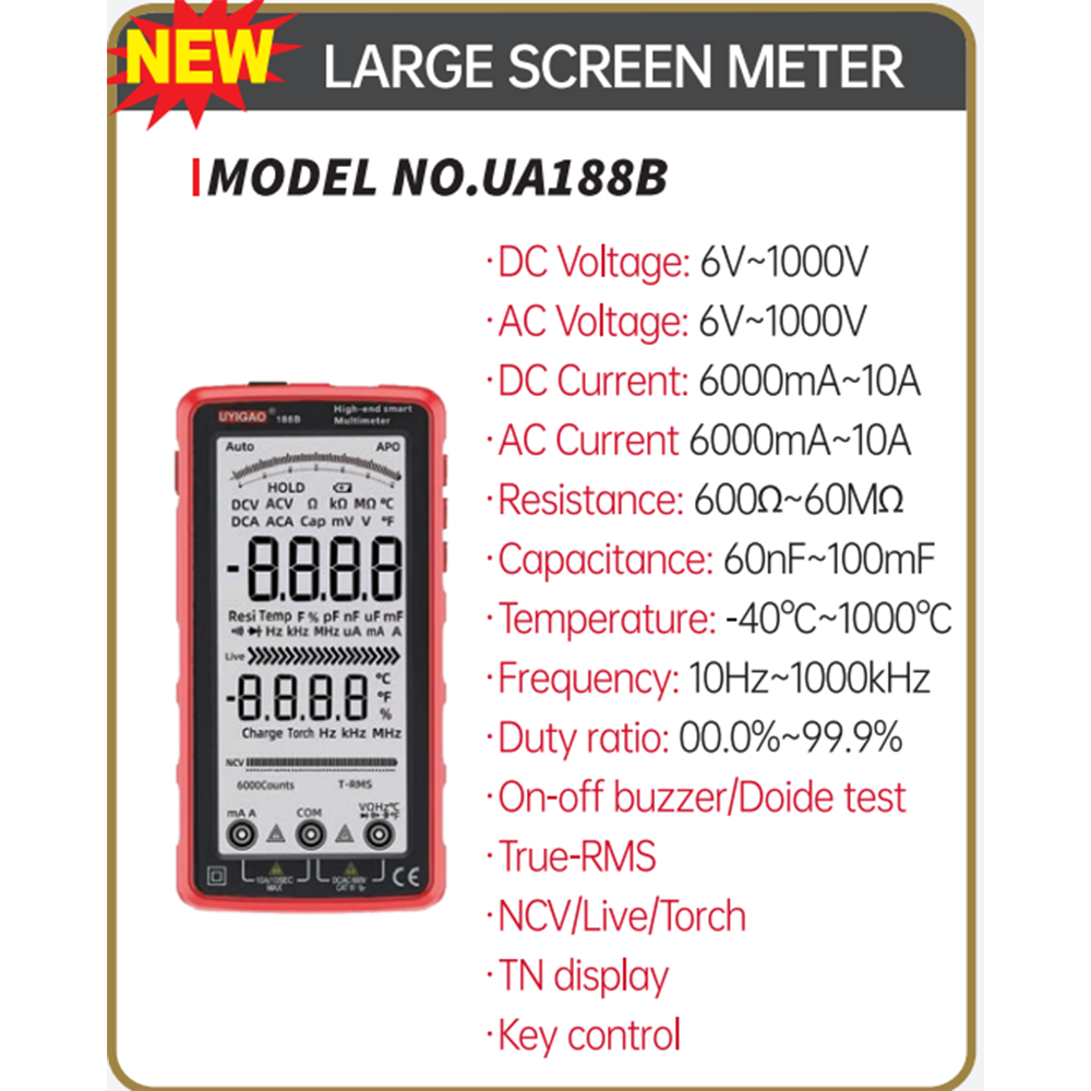 High Precision Full Screen Display Rechargeable UA188B Intelligent Recognition Multifunctional Anti Burn AC/DC test Multimeter