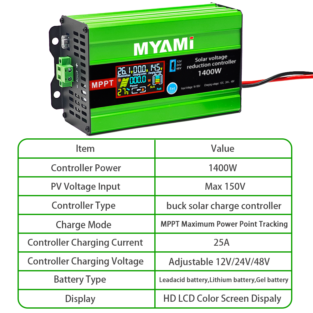 MYAMi MPPT Solar Buck Charge Controller 1400W 12V 24V 48V Adjustable 150VPV Input 25A Charge Current for Electric Vehicle Charge