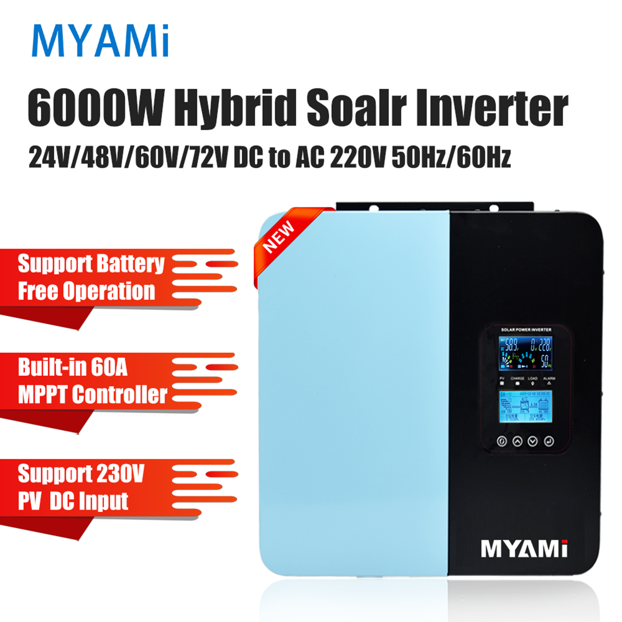 New Arrival MYAMi 6000W 5000W 3000W Hybrid Solar Power Inverter 12V 24V 48V 60V 72V 96V Built-in 60A MPPT All-in-one Inverter