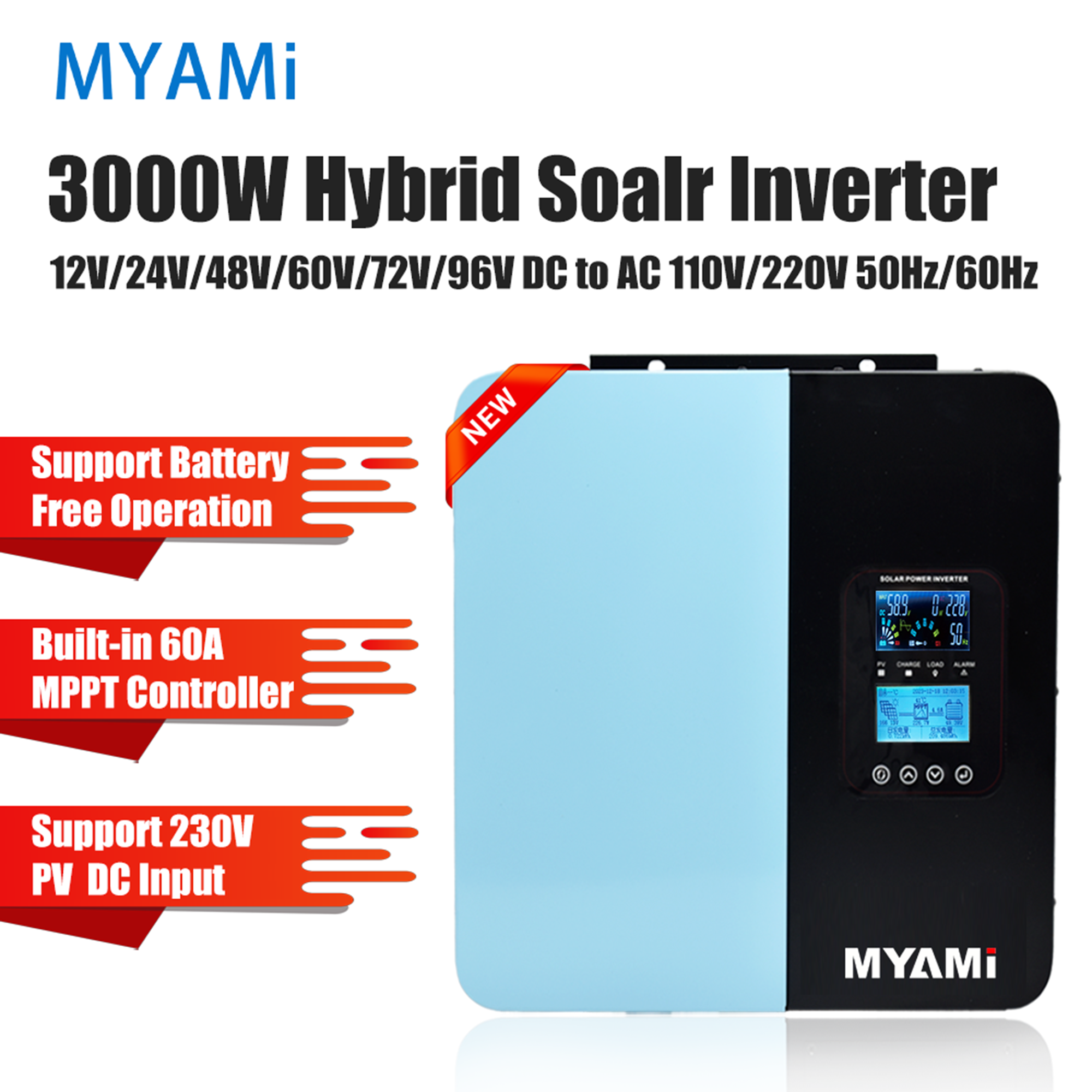 New Arrival MYAMi 6000W 5000W 3000W Hybrid Solar Power Inverter 12V 24V 48V 60V 72V 96V Built-in 60A MPPT All-in-one Inverter