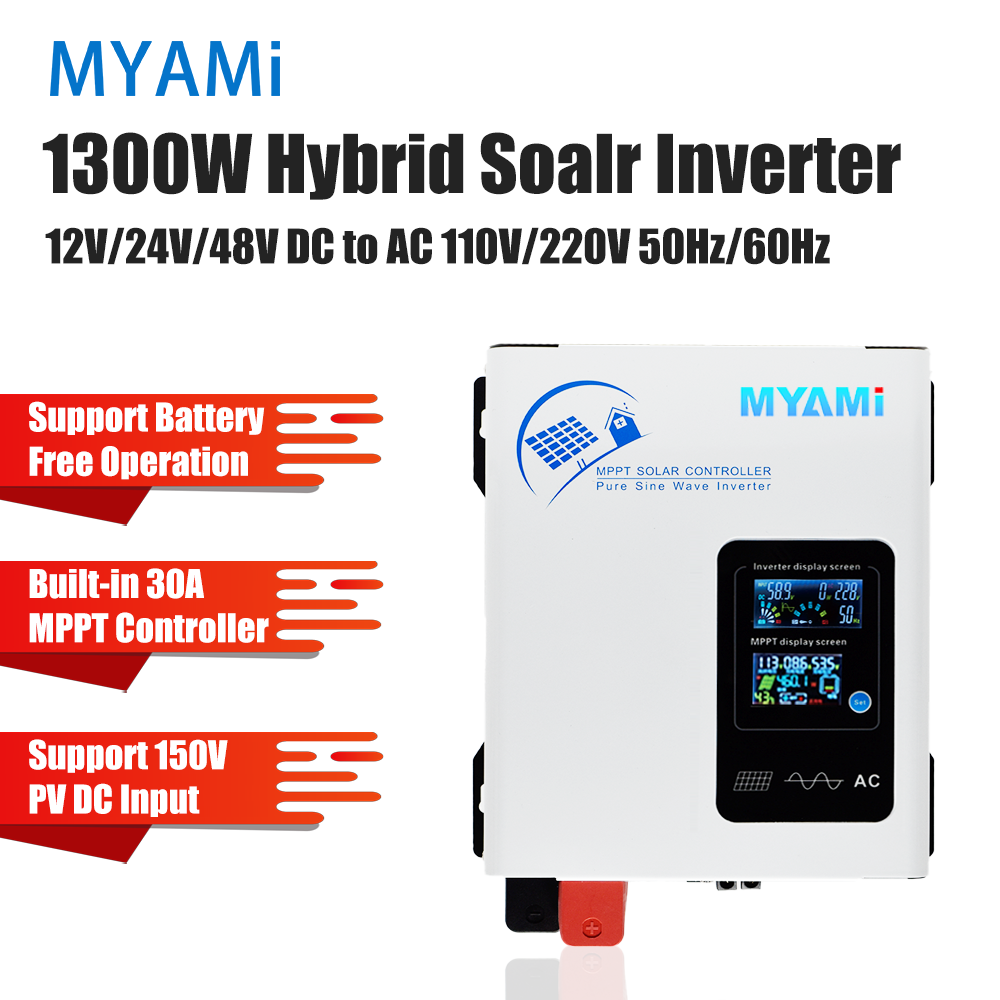 Wholesale MYAMi 1300W 12V/24V/48V to 110V/220V Hybrid Pure Sine Single Phase off Grid Solar Inverter with 30A MPPT and Dual LCD
