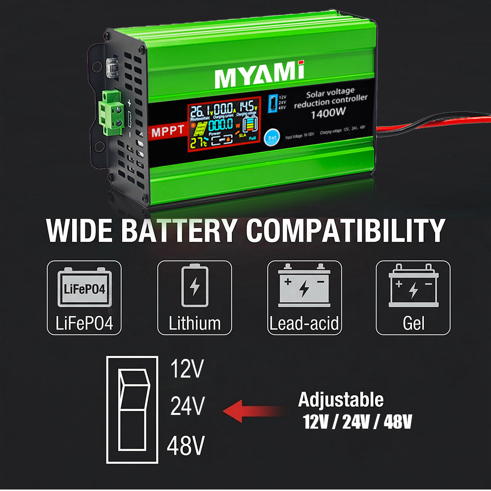 MYAMi MPPT Solar Buck Charge Controller 1400W 12V 24V 48V 25A LCD Solar Voltage Reduction Charging Controller Max 150V PV Input
