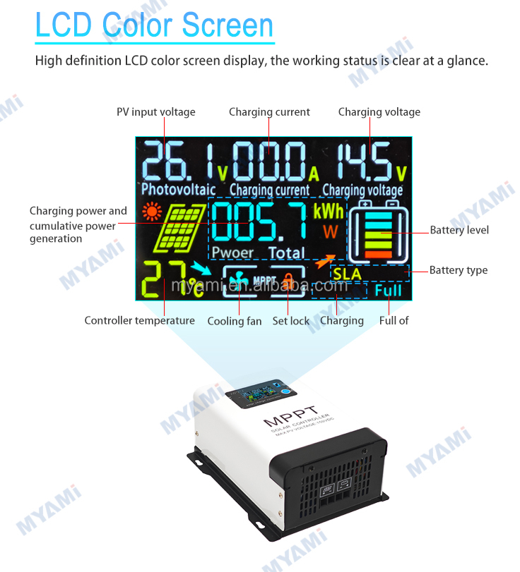 MYAMi 48 v MPPT Solar Charge Controller 100 Amp Adjustable 12V/24V/48V LCD Color Display for Lead-acid/Lithium Battery Charge