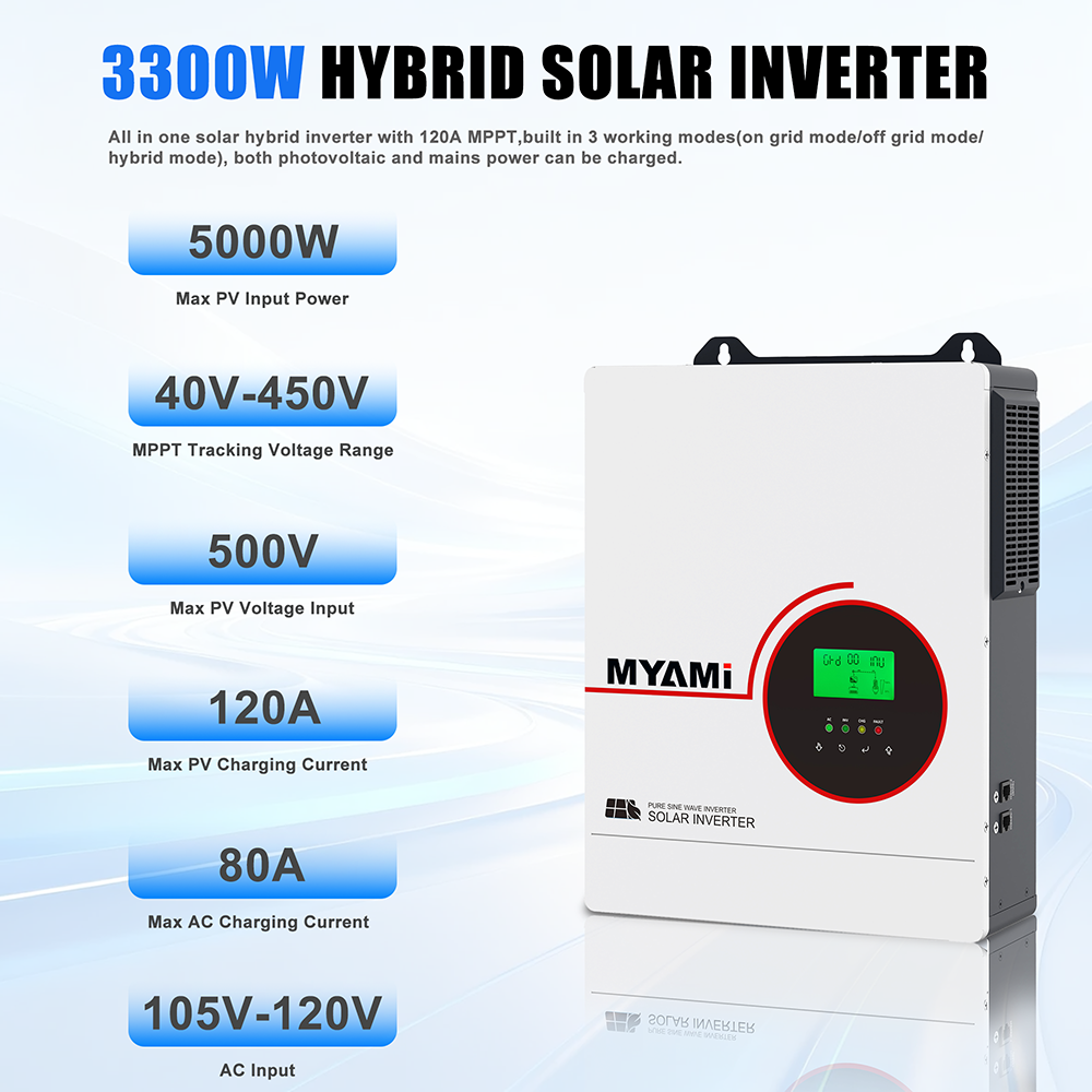 MYAMI 3.3KW 6.3KW High Efficiency Single Phase Pure Sine Wave Hybrid Solar Inverter with 120A MPPT LCD Display RS485 Home Use