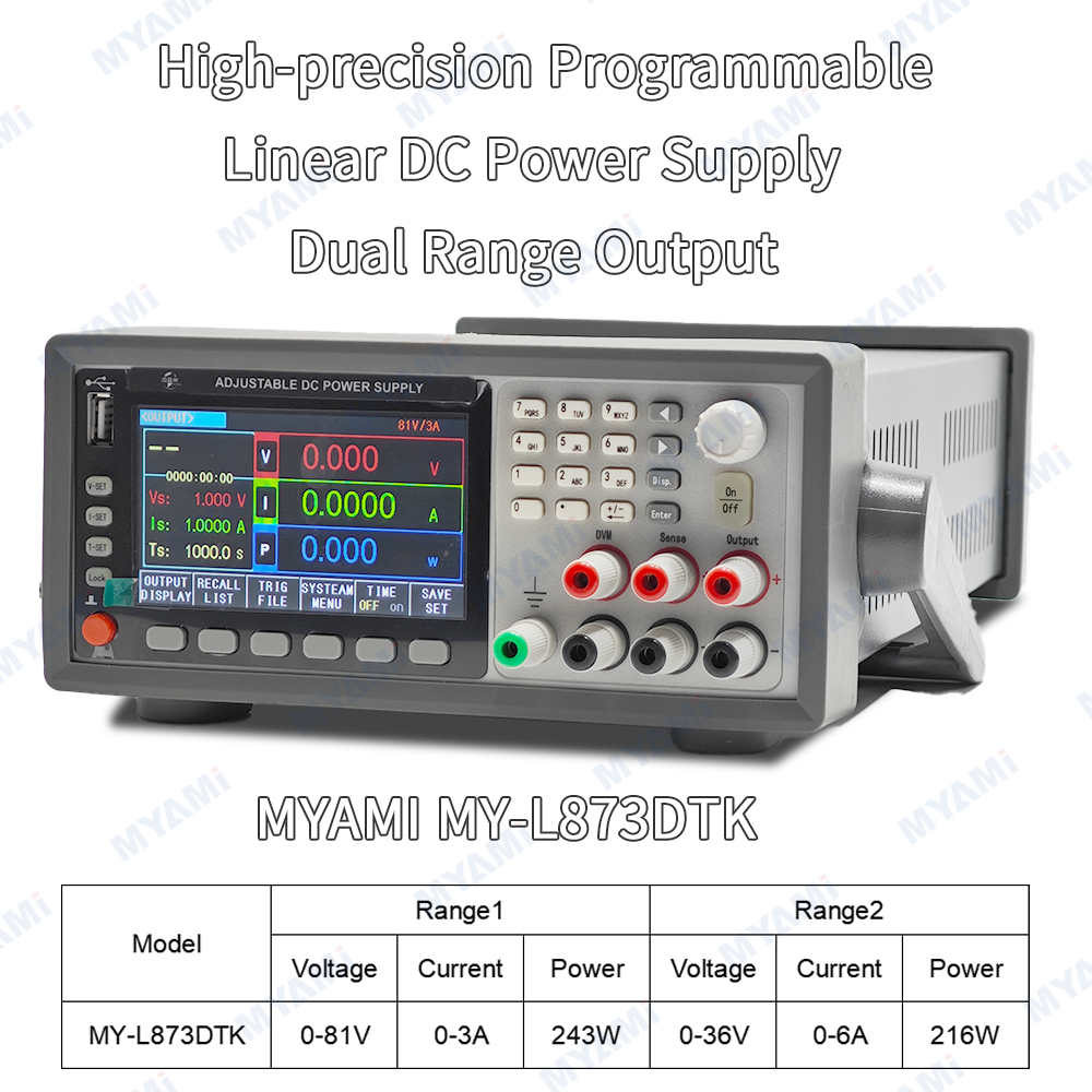 MYAMi MY-L873DTK Linear DC Power Supply Bench Programmable Adjustable Dual Range 36V/6A/216W 81V/3A/243W LCD Lab DC Power Source
