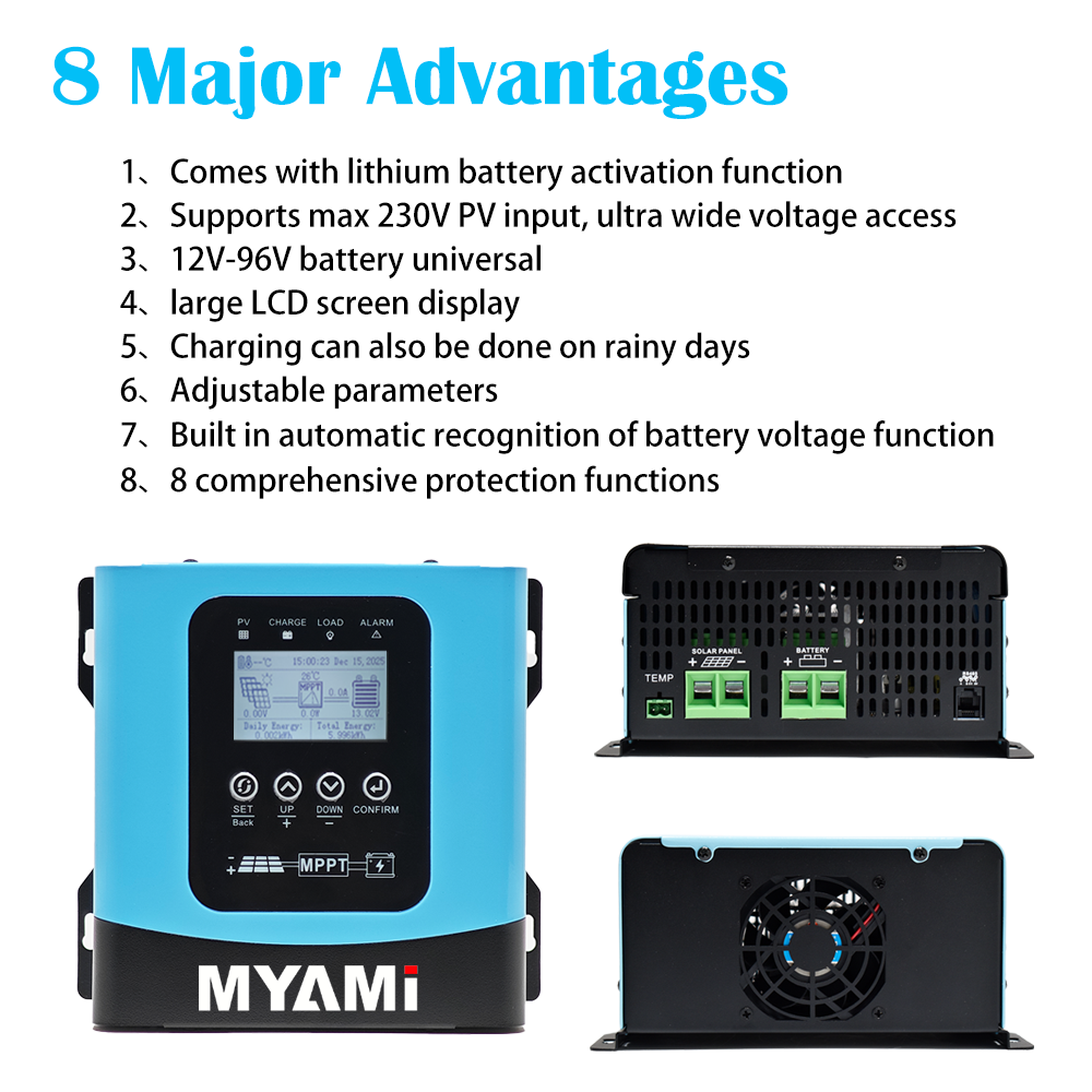 MYAMi 120A 60A 30A Ture MPPT Solar Charge Controller 12V 24V 36V 48V 60V 72V 84V 96V with LCD Display & RS485 97%High Efficiency