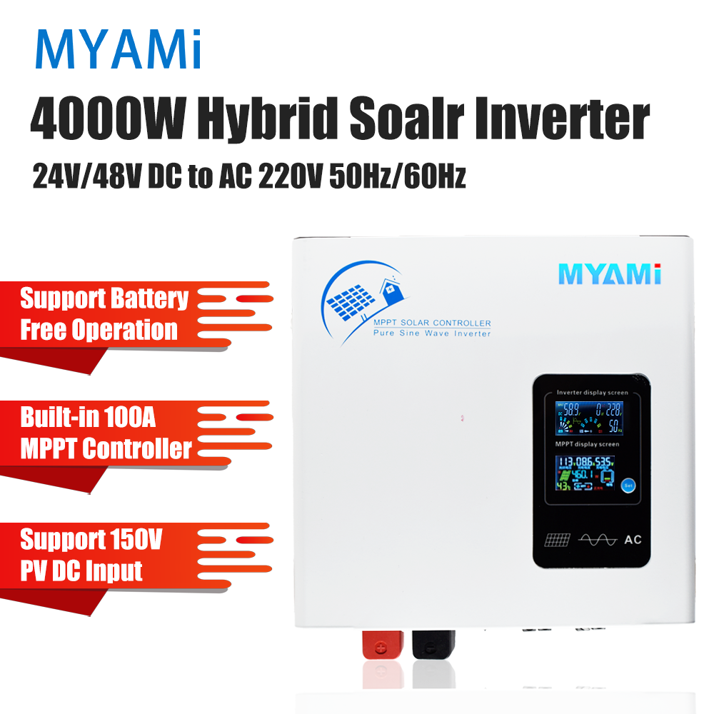New Arrival MYAMi 4000W 3300W 2300W 1300W Dual LCD Display All in One Hybrid Solar Inverter 12V/24V/48V with 30A/60A/100A MPPT