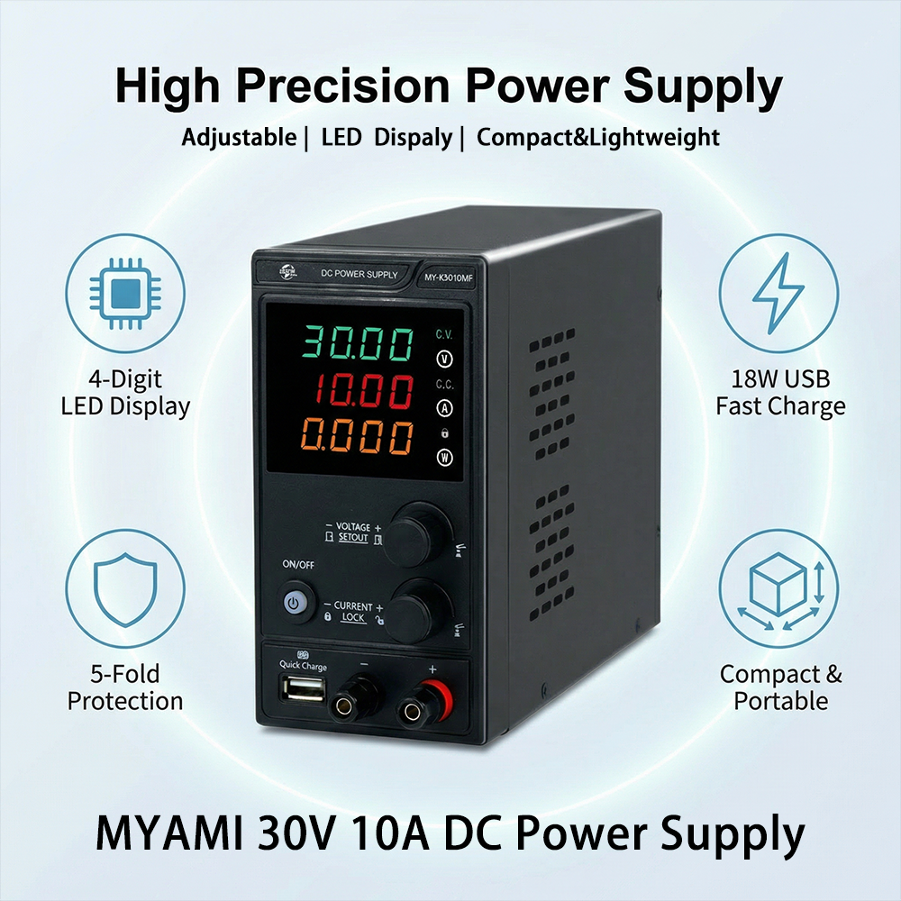 MYAMi Single Output 30V 10A 300W Bench DC Adjustable Power Supply Variable for Lab Repair DIY School Use & Battery Charging