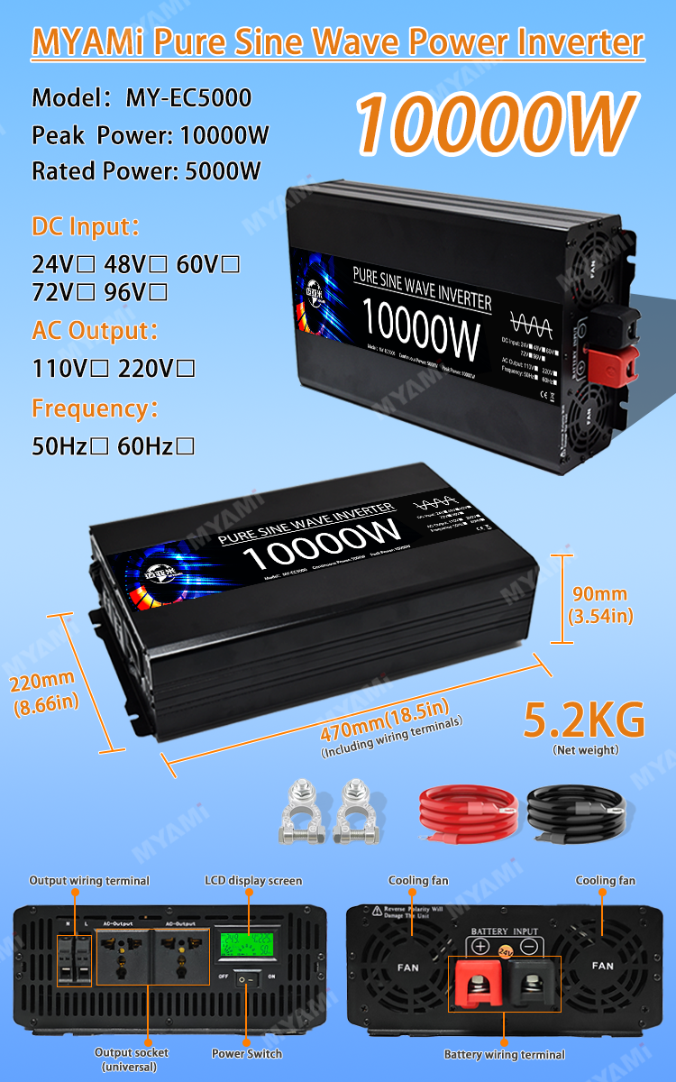 MYAMi 5000W 6000W 8000W 10000W 12V 24V to 220V Pure Sine Wave Power Inverter High Frequency Car Inventor Home Camping Using