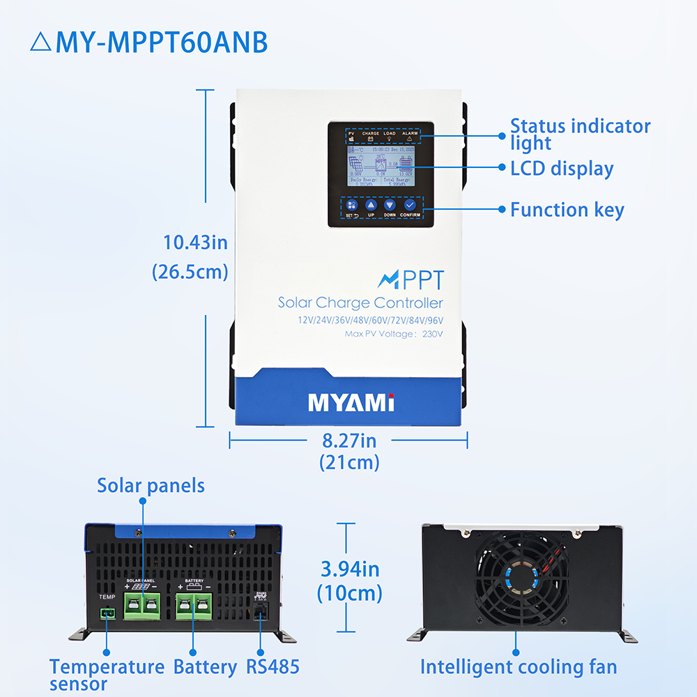 MYAMi 60A MPPT Solar Charge Controller Auto 12V-96V MAX 230V PV DC Input Solar Panel Regulator for 12v 24v 48v LiFePo4 Battery