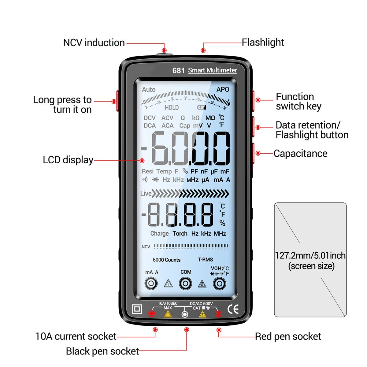 Count Value 6000 Smart Multimeter Anti-burn Multimeter True RMS Multimeter Voltage Tester Hz Ohm Diode Meter with LCD Screen