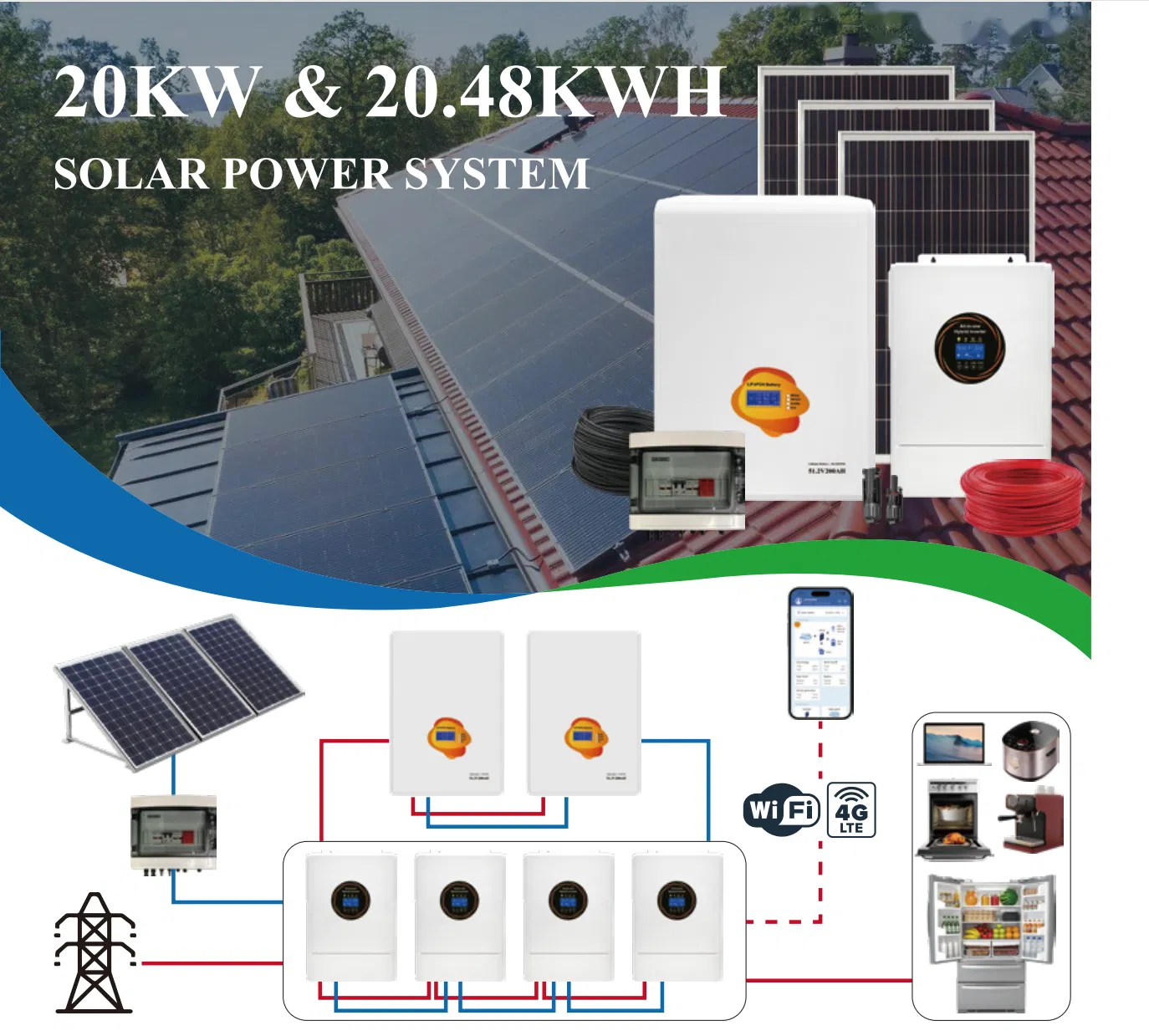 20kw Complete Residential Solar Panel System Solar LiFePO4 Lithium Battery Storage Power System Solar Energy System