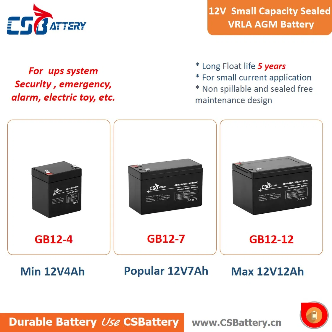 Csbattery 12V 9ah Free Maintenance AGM Battery for Power-Station/Fire/Security-System/Motor/UPS/Forklift/AAA