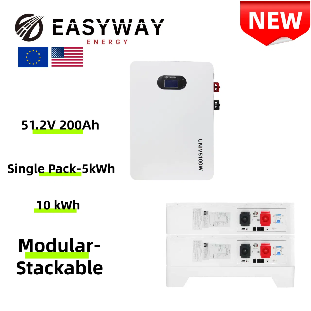 Eway 10kwh Modular Stackable Low Voltage for 5kw Pack with Lithium Battery