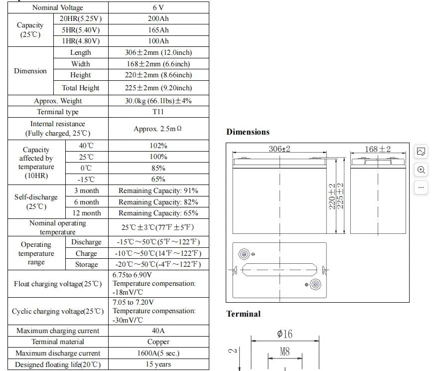 6V200ah Battery Specification